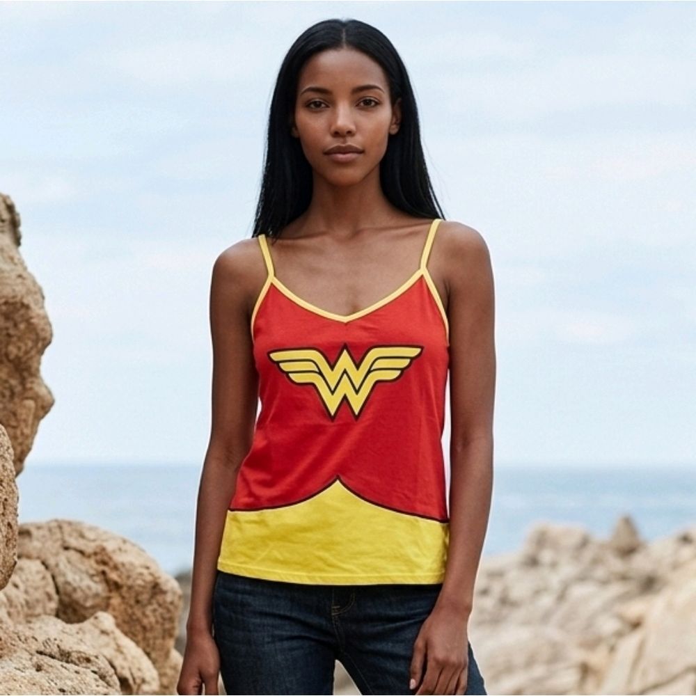 Wonder Woman Logo Cami Tank Top Red Yellow Superhero Cosplay Juniors XL 15/17